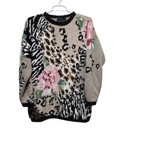 Cullinane Hand Knitted Vintage Patchwork Animal Print Floral Sweater Small